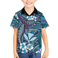 Personalised Hawaii Tribal Humpback Whale Family Matching Short Sleeve Bodycon Dress and Hawaiian Shirt Polu Hibiscus Seamless Pattern LT9 Son's Shirt Blue - Polynesian Pride