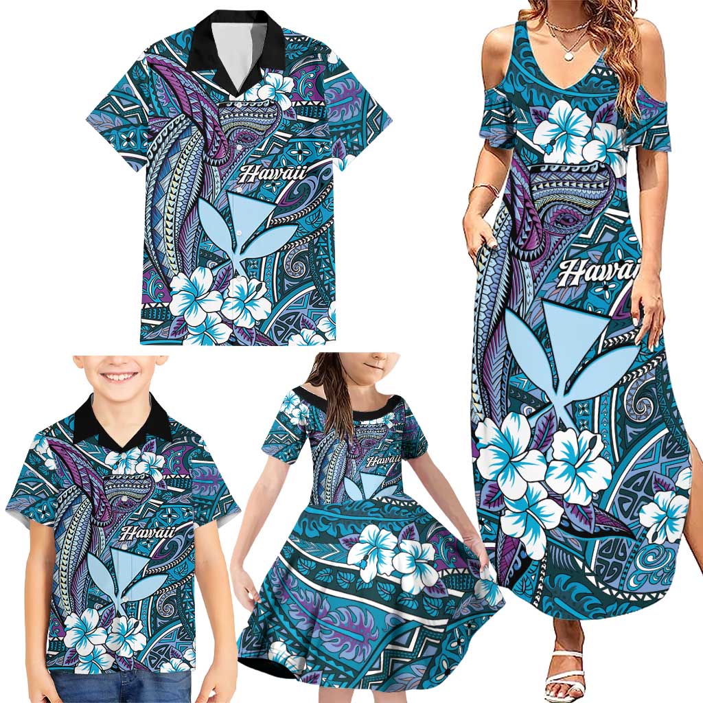 Personalised Hawaii Tribal Humpback Whale Family Matching Summer Maxi Dress and Hawaiian Shirt Polu Hibiscus Seamless Pattern