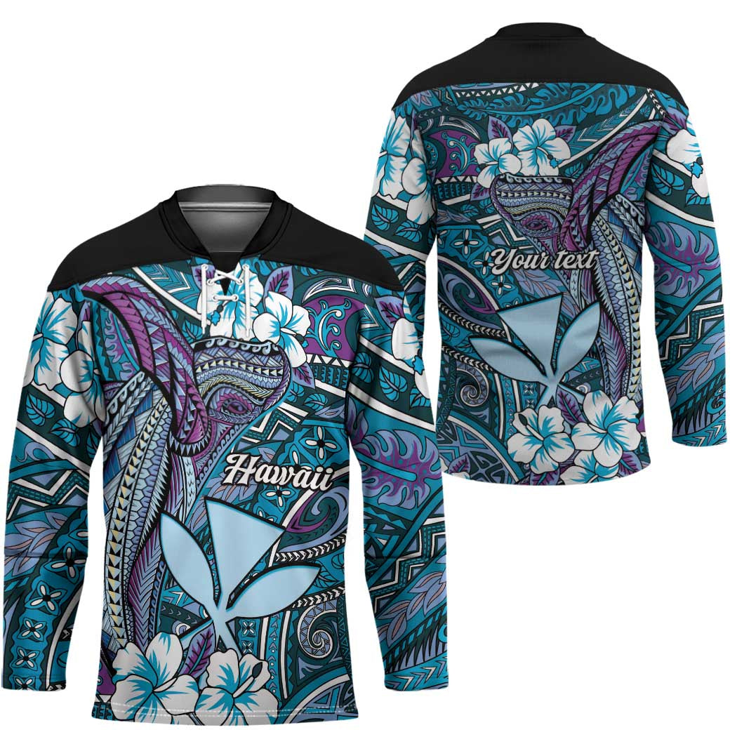 Personalised Hawaii Tribal Humpback Whale Hockey Jersey Polu Hibiscus Seamless Pattern