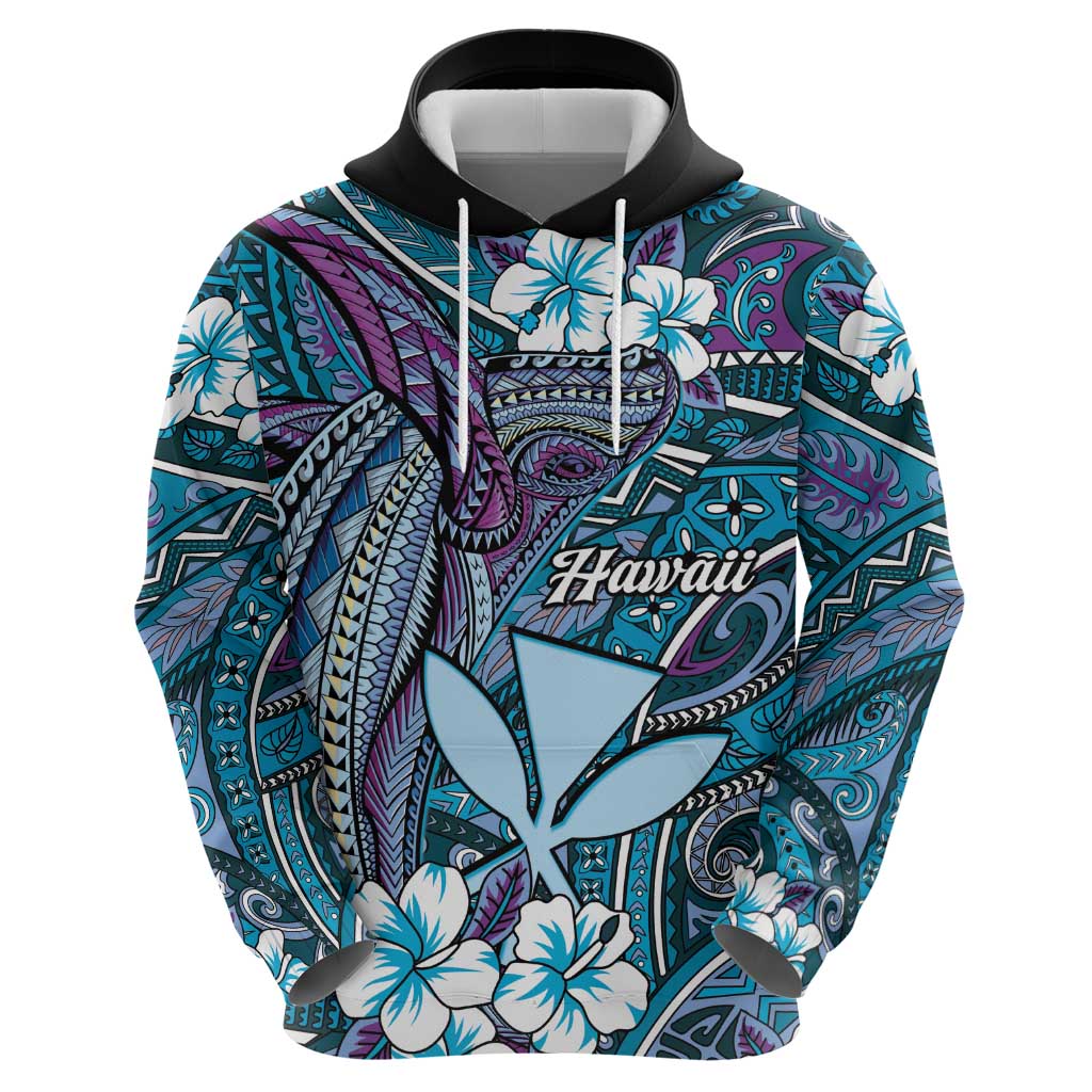 Personalised Hawaii Tribal Humpback Whale Hoodie Polu Hibiscus Seamless Pattern