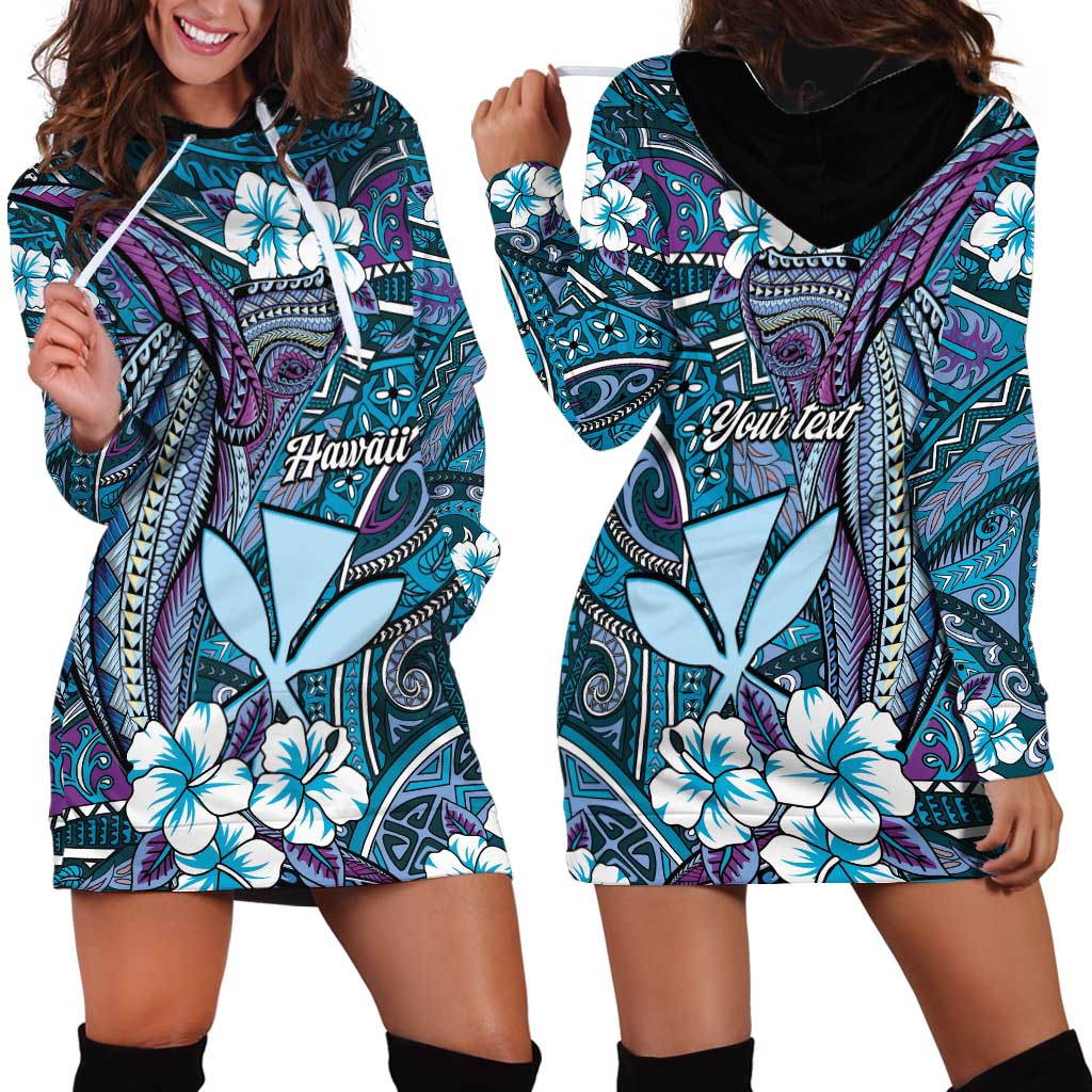 Personalised Hawaii Tribal Humpback Whale Hoodie Dress Polu Hibiscus Seamless Pattern