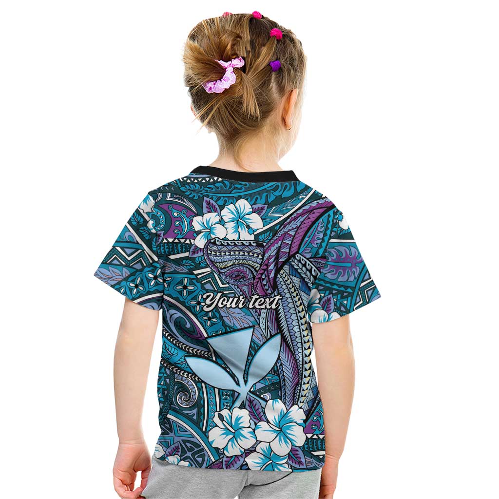 Personalised Hawaii Tribal Humpback Whale Kid T Shirt Polu Hibiscus Seamless Pattern