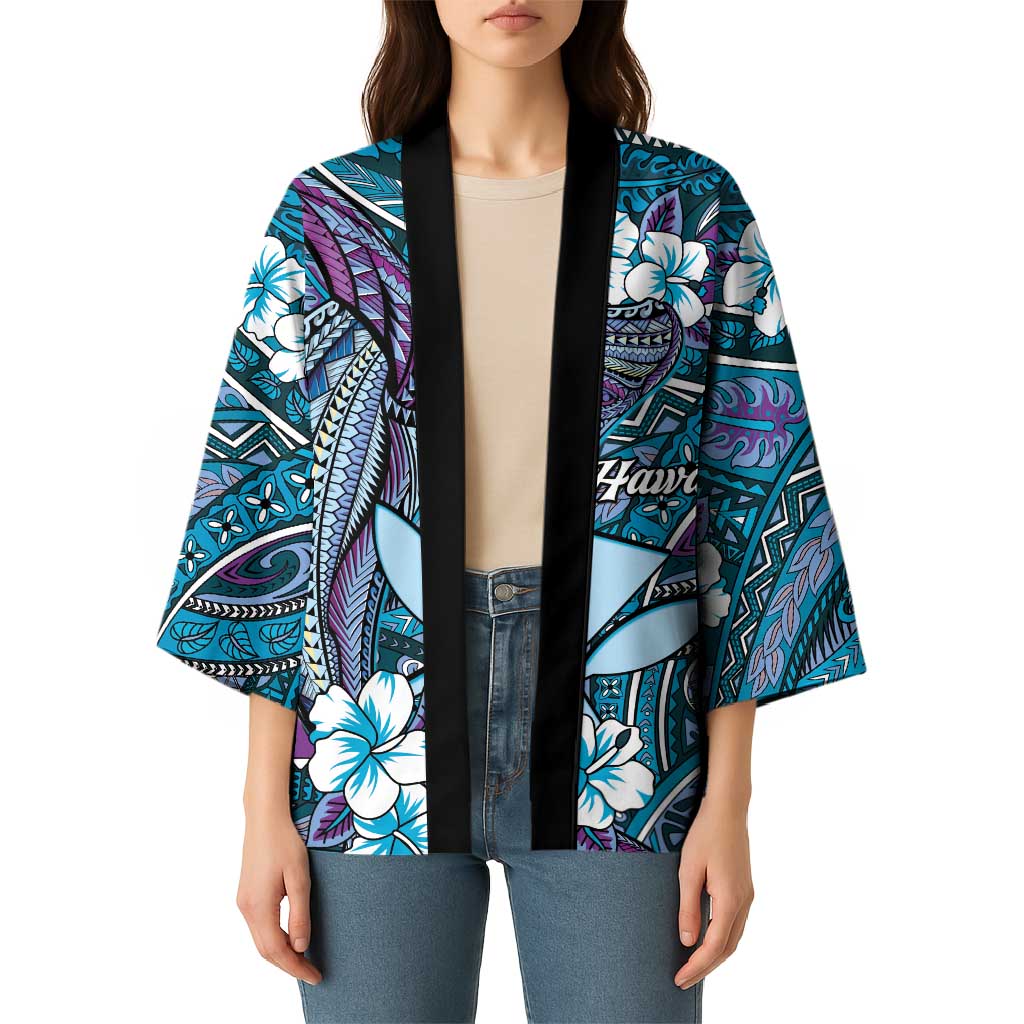 Personalised Hawaii Tribal Humpback Whale Kimono Polu Hibiscus Seamless Pattern
