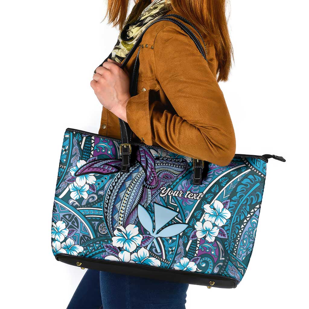 Personalised Hawaii Tribal Humpback Whale Leather Tote Bag Polu Hibiscus Seamless Pattern