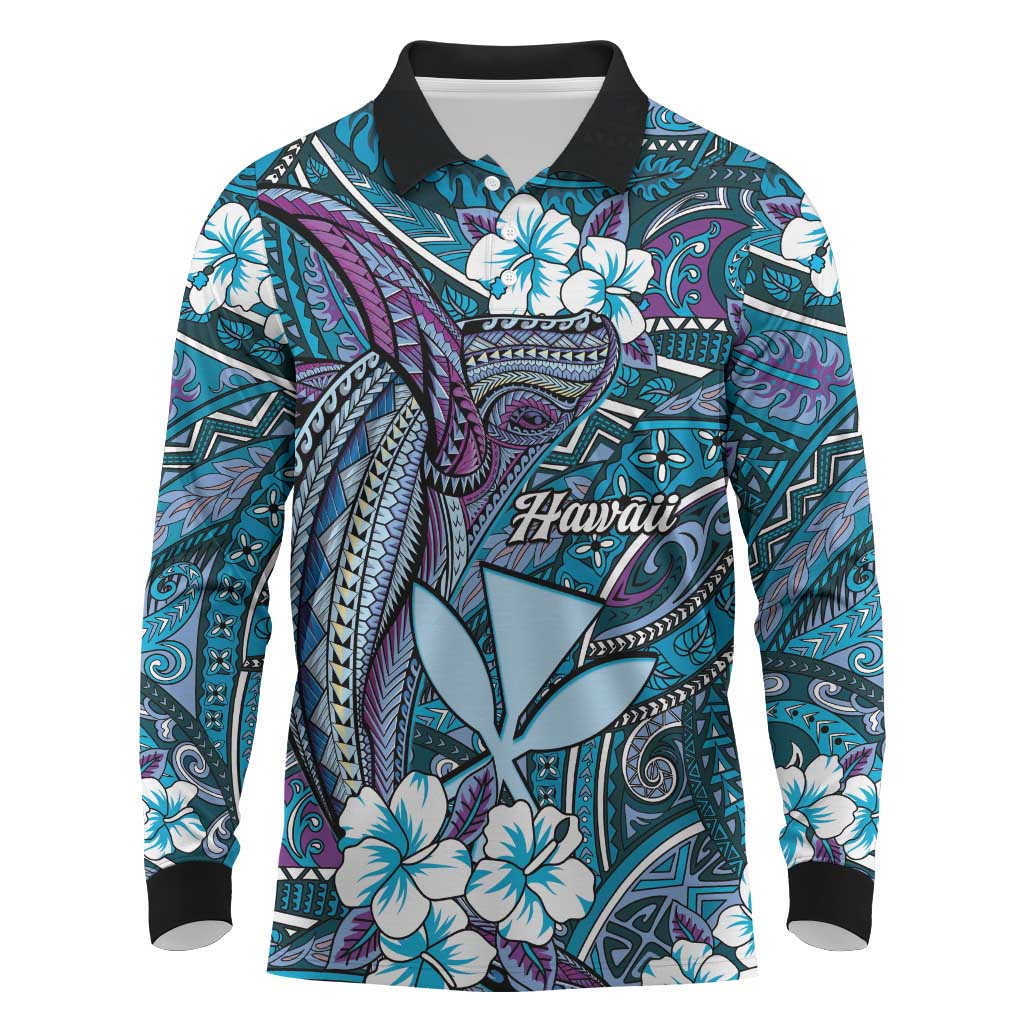 Personalised Hawaii Tribal Humpback Whale Long Sleeve Polo Shirt Polu Hibiscus Seamless Pattern