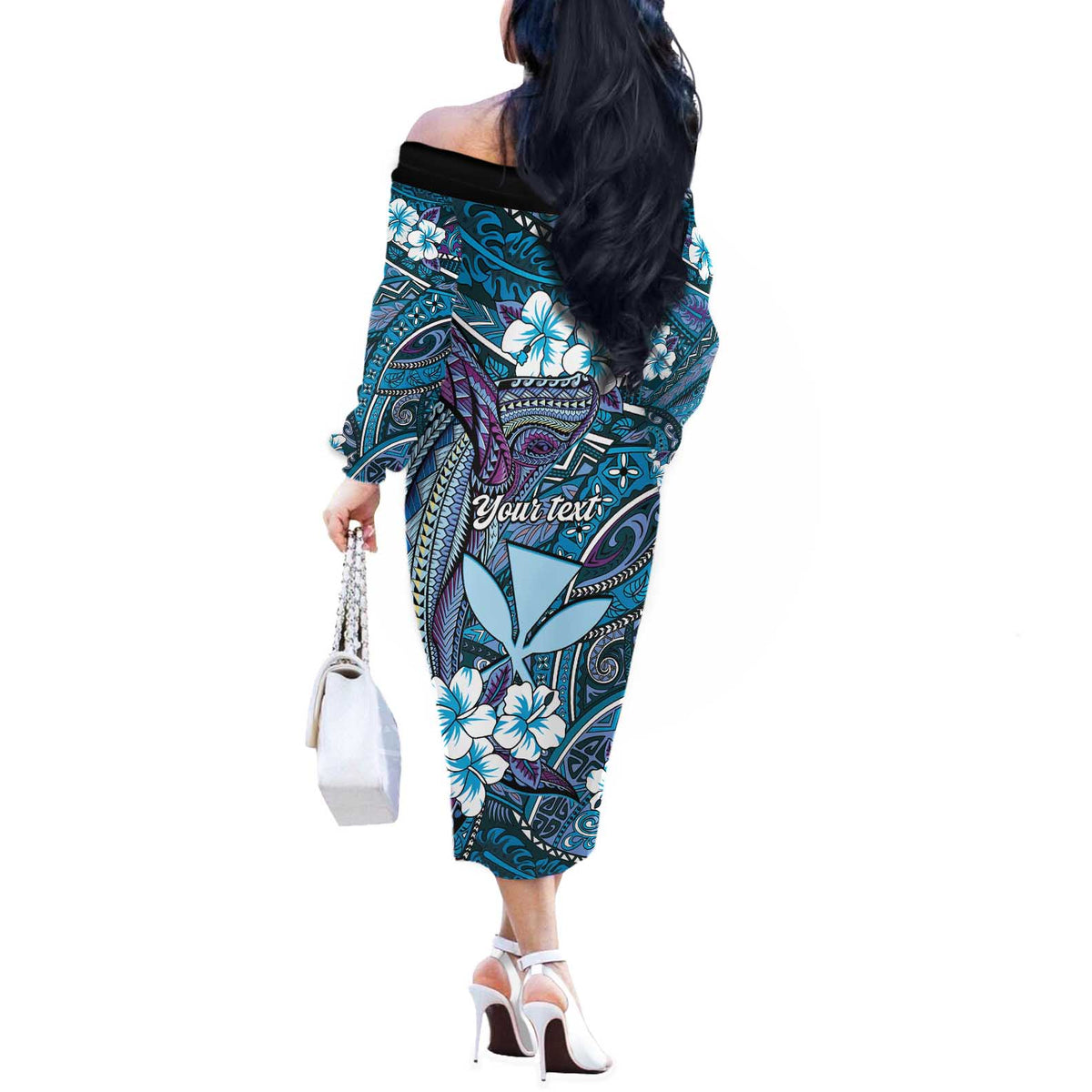 Personalised Hawaii Tribal Humpback Whale Off The Shoulder Long Sleeve Dress Polu Hibiscus Seamless Pattern