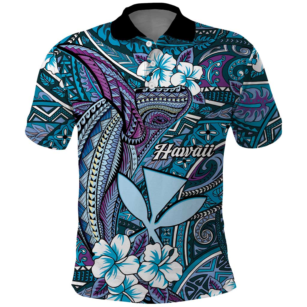 Personalised Hawaii Tribal Humpback Whale Polo Shirt Polu Hibiscus Seamless Pattern