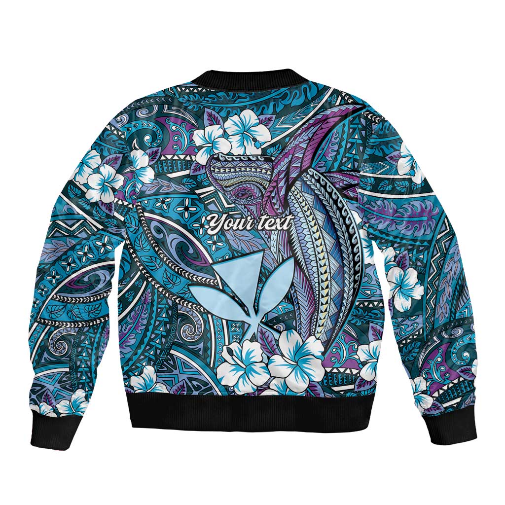 Personalised Hawaii Tribal Humpback Whale Sleeve Zip Bomber Jacket Polu Hibiscus Seamless Pattern