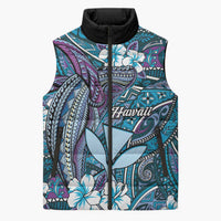 Personalised Hawaii Tribal Humpback Whale Sleeveless Puffer Jacket Polu Hibiscus Seamless Pattern