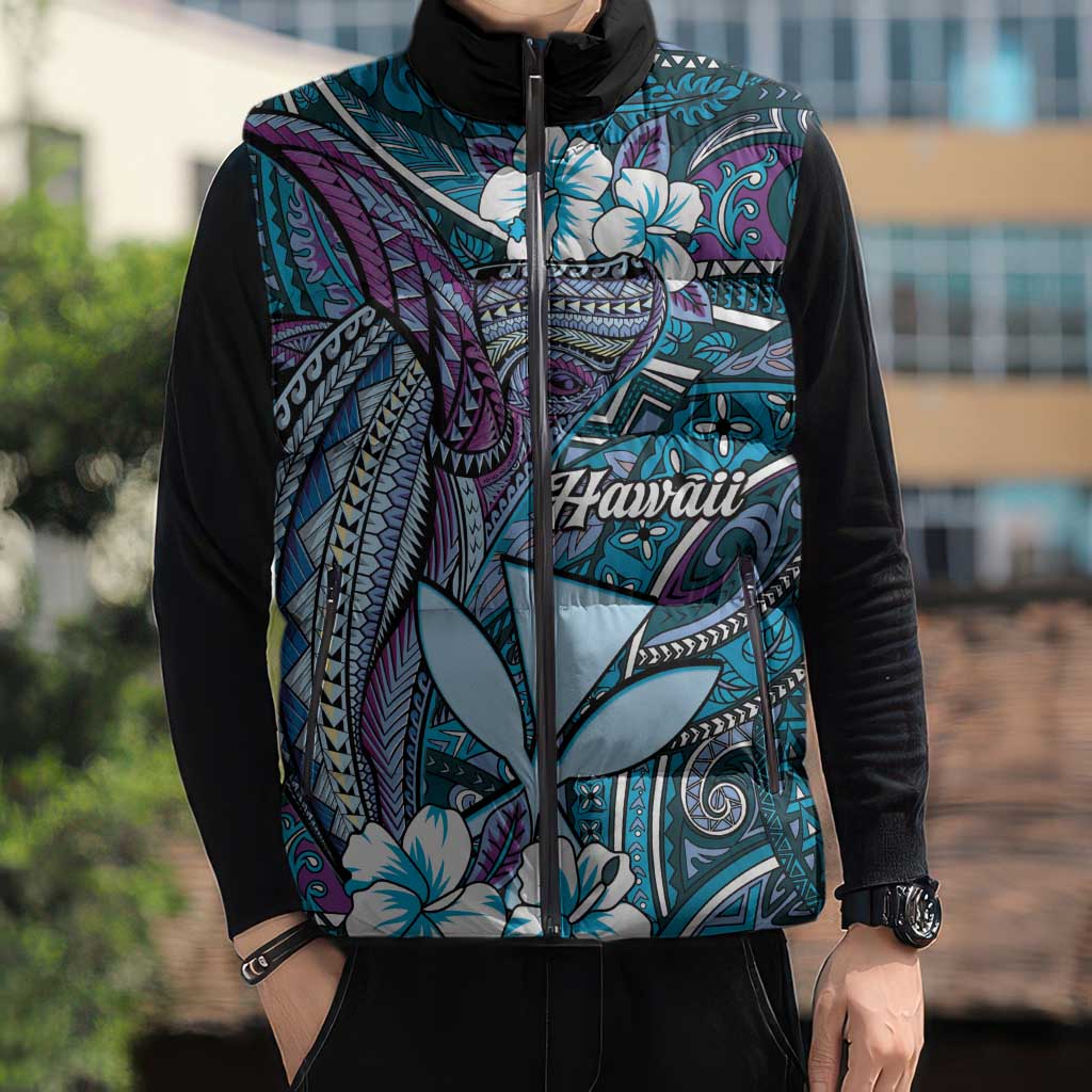 Personalised Hawaii Tribal Humpback Whale Sleeveless Puffer Jacket Polu Hibiscus Seamless Pattern