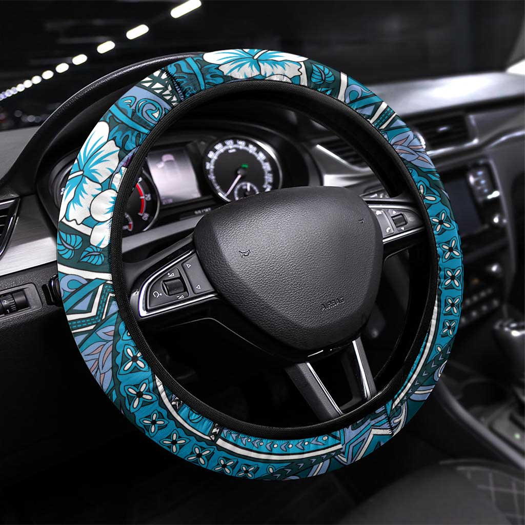 Hawaii Tribal Humpback Whale Steering Wheel Cover Polu Hibiscus Seamless Pattern LT9 Universal Fit Blue - Polynesian Pride
