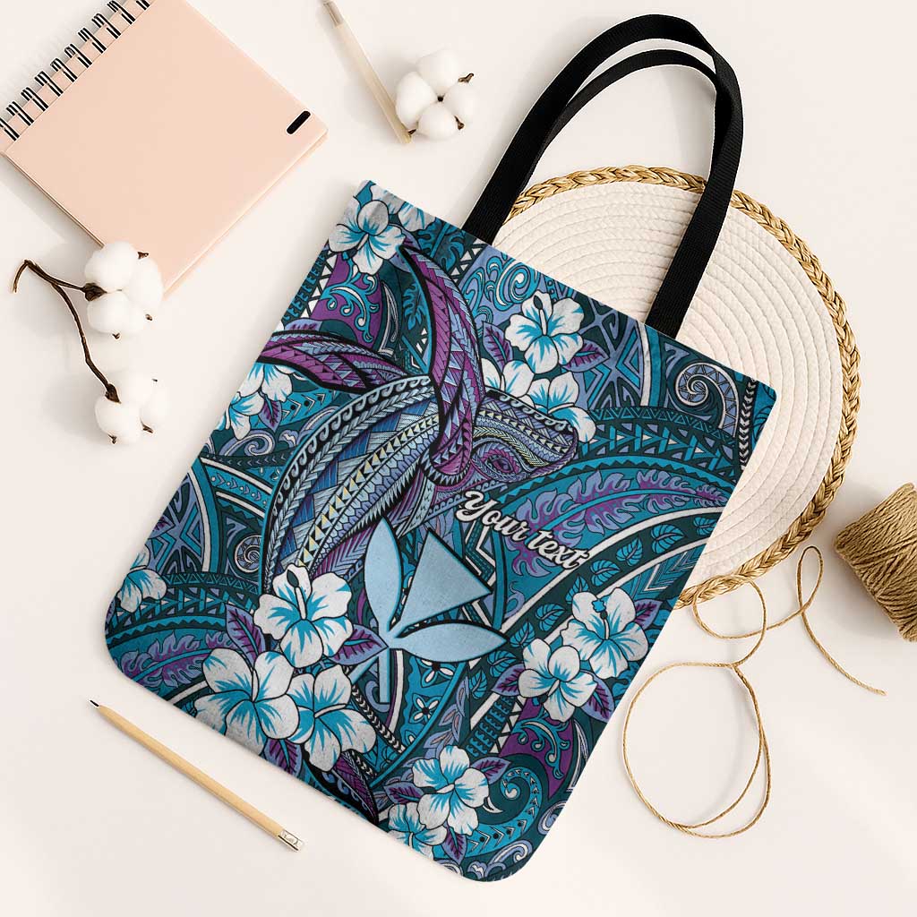 Personalised Hawaii Tribal Humpback Whale Tote Bag Polu Hibiscus Seamless Pattern LT9 Black Strap One Size Blue - Polynesian Pride