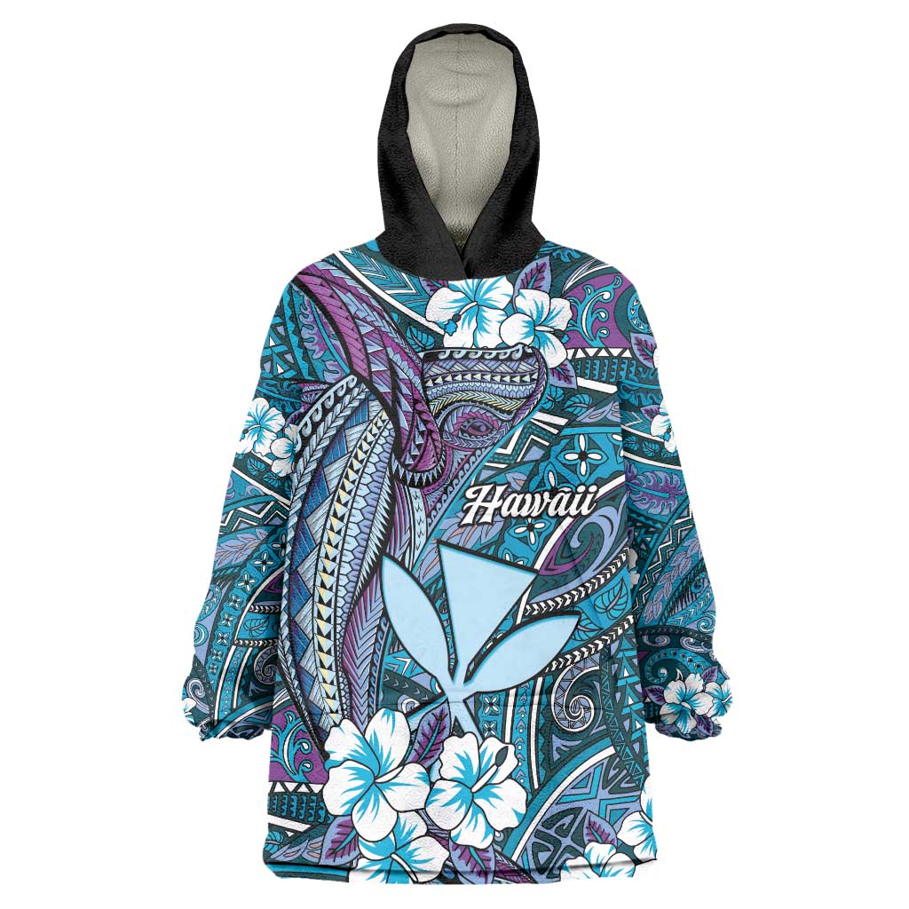Personalised Hawaii Tribal Humpback Whale Wearable Blanket Hoodie Polu Hibiscus Seamless Pattern