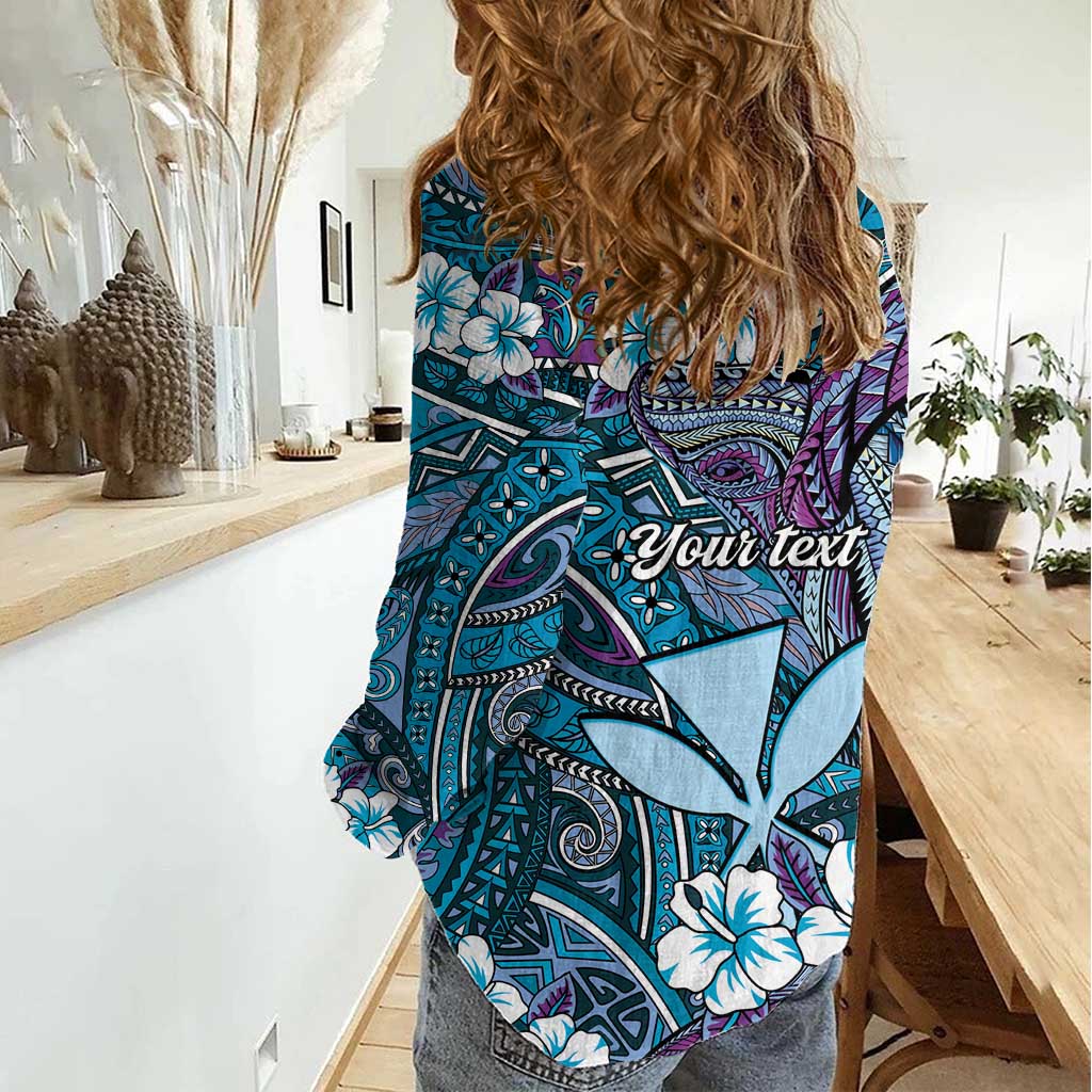 Personalised Hawaii Tribal Humpback Whale Women Casual Shirt Polu Hibiscus Seamless Pattern
