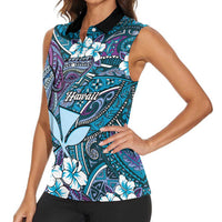 Personalised Hawaii Tribal Humpback Whale Women Sleeveless Polo Shirt Polu Hibiscus Seamless Pattern