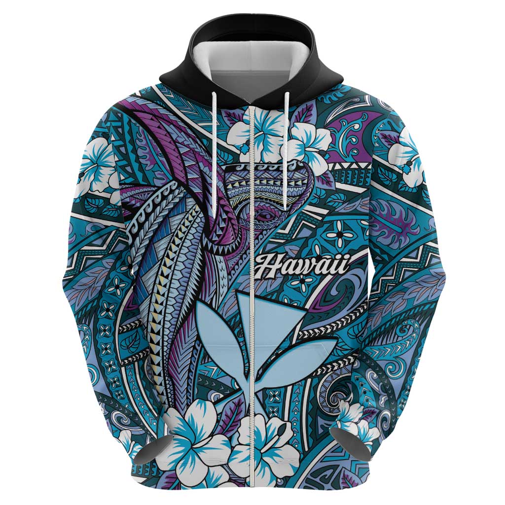 Personalised Hawaii Tribal Humpback Whale Zip Hoodie Polu Hibiscus Seamless Pattern