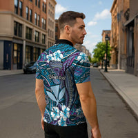 Personalised Hawaii Tribal Humpback Whale Zipper Polo Shirt Polu Hibiscus Seamless Pattern