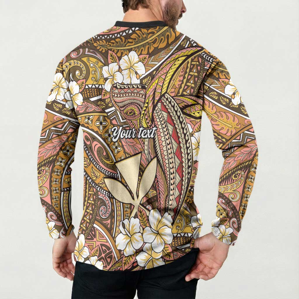 Personalised Hawaii Tribal Humpback Whale Button Sweatshirt Melemele Hibiscus Seamless Pattern