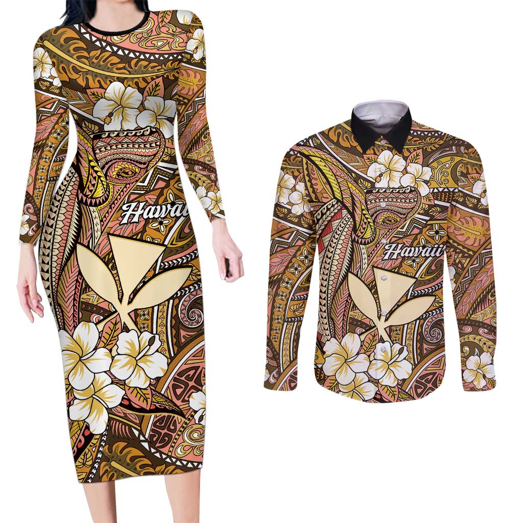 Personalised Hawaii Tribal Humpback Whale Couples Matching Long Sleeve Bodycon Dress and Long Sleeve Button Shirt Melemele Hibiscus Seamless Pattern