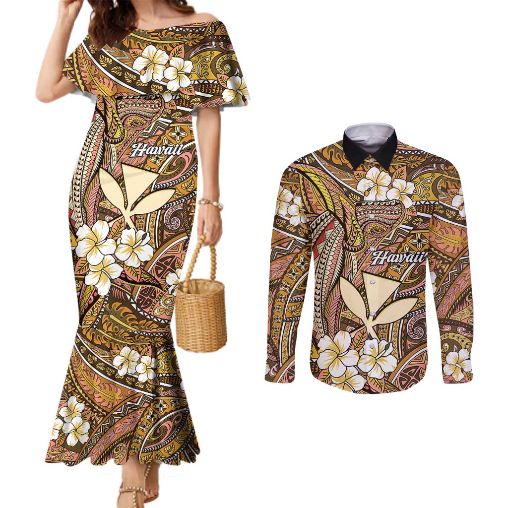 Personalised Hawaii Tribal Humpback Whale Couples Matching Mermaid Dress and Long Sleeve Button Shirt Melemele Hibiscus Seamless Pattern LT9 Gold - Polynesian Pride