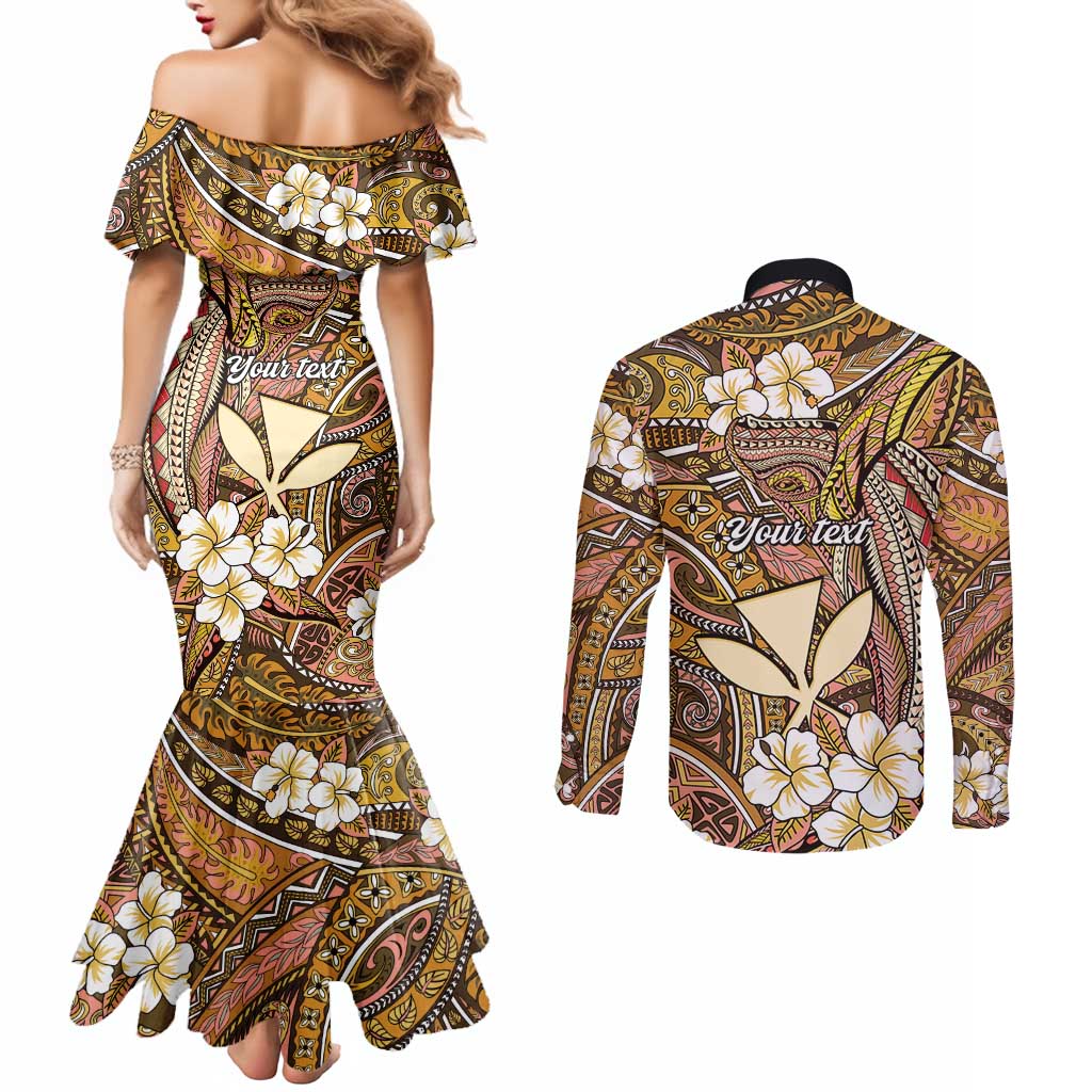 Personalised Hawaii Tribal Humpback Whale Couples Matching Mermaid Dress and Long Sleeve Button Shirt Melemele Hibiscus Seamless Pattern LT9 - Polynesian Pride