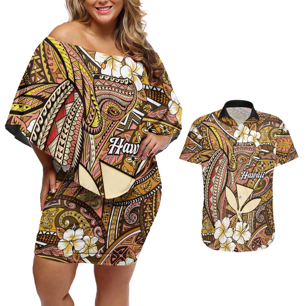 Personalised Hawaii Tribal Humpback Whale Couples Matching Off Shoulder Short Dress and Hawaiian Shirt Melemele Hibiscus Seamless Pattern LT9 Gold - Polynesian Pride