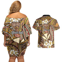 Personalised Hawaii Tribal Humpback Whale Couples Matching Off Shoulder Short Dress and Hawaiian Shirt Melemele Hibiscus Seamless Pattern LT9 - Polynesian Pride