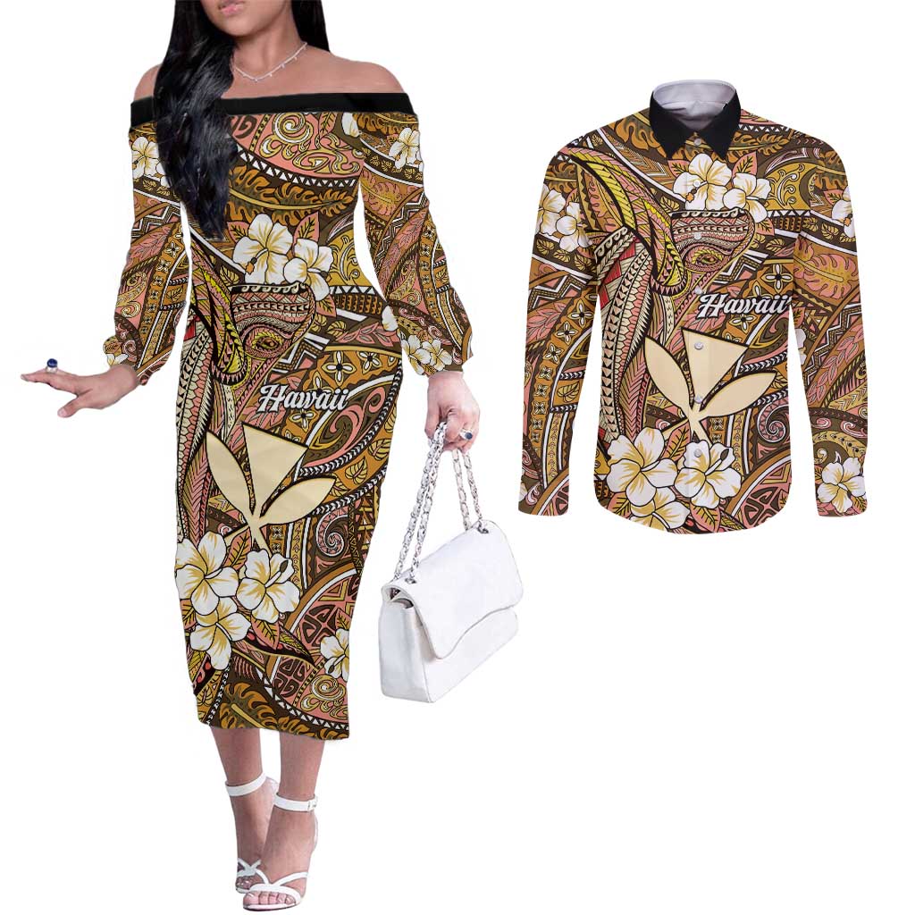 Personalised Hawaii Tribal Humpback Whale Couples Matching Off The Shoulder Long Sleeve Dress and Long Sleeve Button Shirt Melemele Hibiscus Seamless Pattern LT9 Gold - Polynesian Pride
