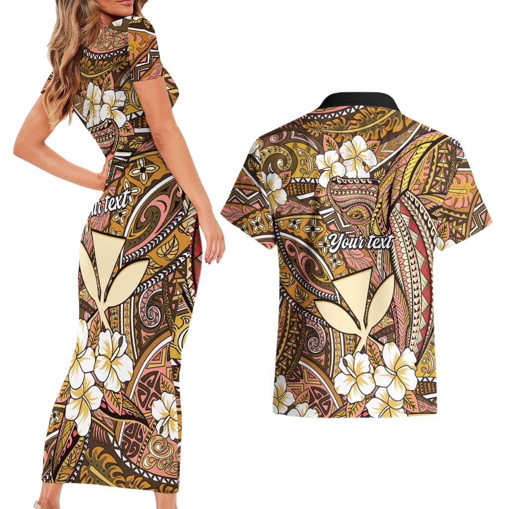 Personalised Hawaii Tribal Humpback Whale Couples Matching Short Sleeve Bodycon Dress and Hawaiian Shirt Melemele Hibiscus Seamless Pattern LT9 - Polynesian Pride