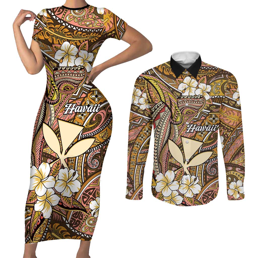 Personalised Hawaii Tribal Humpback Whale Couples Matching Short Sleeve Bodycon Dress and Long Sleeve Button Shirt Melemele Hibiscus Seamless Pattern LT9 Gold - Polynesian Pride