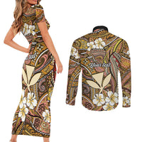 Personalised Hawaii Tribal Humpback Whale Couples Matching Short Sleeve Bodycon Dress and Long Sleeve Button Shirt Melemele Hibiscus Seamless Pattern LT9 - Polynesian Pride