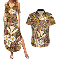 Personalised Hawaii Tribal Humpback Whale Couples Matching Summer Maxi Dress and Hawaiian Shirt Melemele Hibiscus Seamless Pattern LT9 Gold - Polynesian Pride
