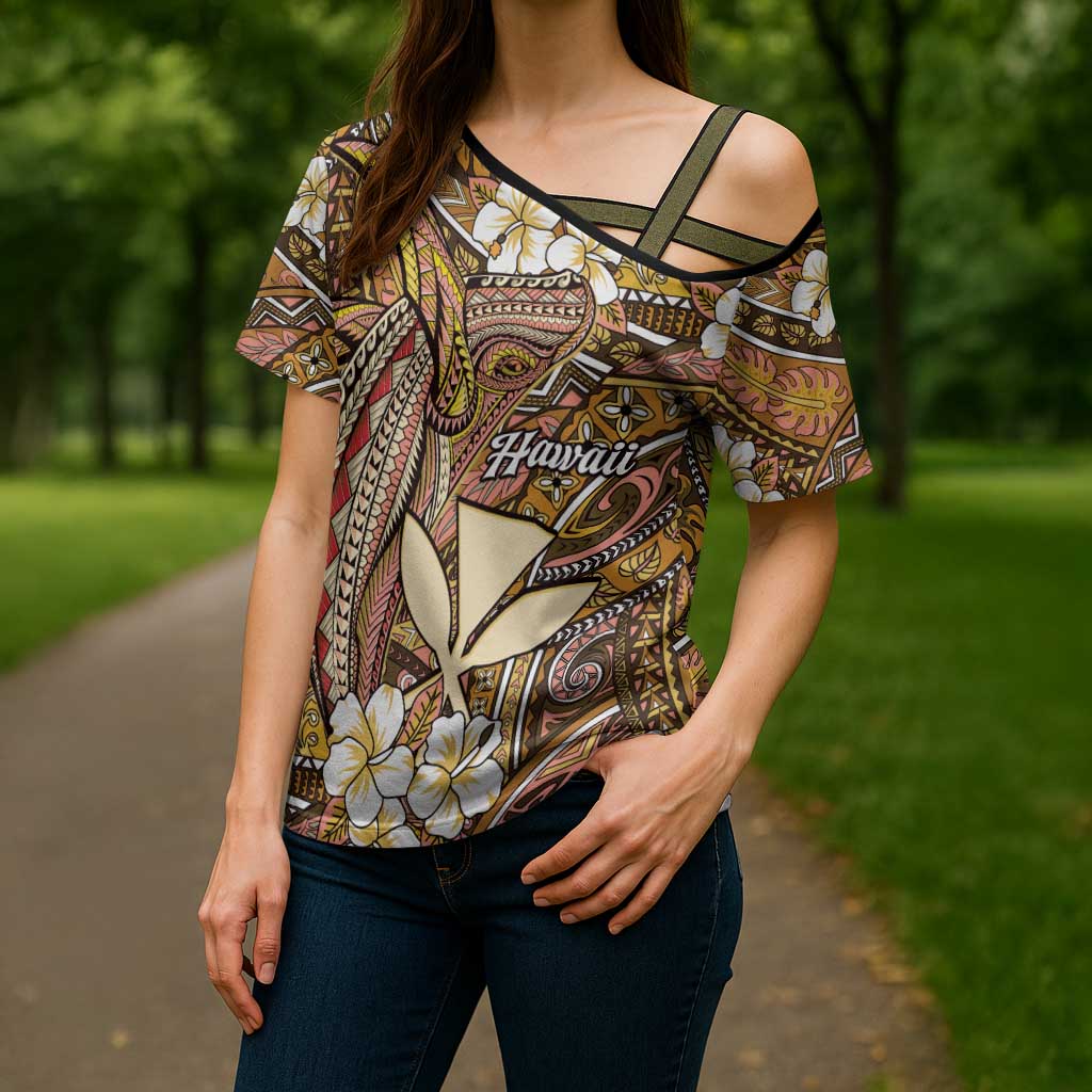 Personalised Hawaii Tribal Humpback Whale Cross Shoulder Shirt Melemele Hibiscus Seamless Pattern