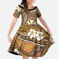 Personalised Hawaii Tribal Humpback Whale Family Matching Long Sleeve Bodycon Dress and Hawaiian Shirt Melemele Hibiscus Seamless Pattern LT9 Daughter's Dress Gold - Polynesian Pride