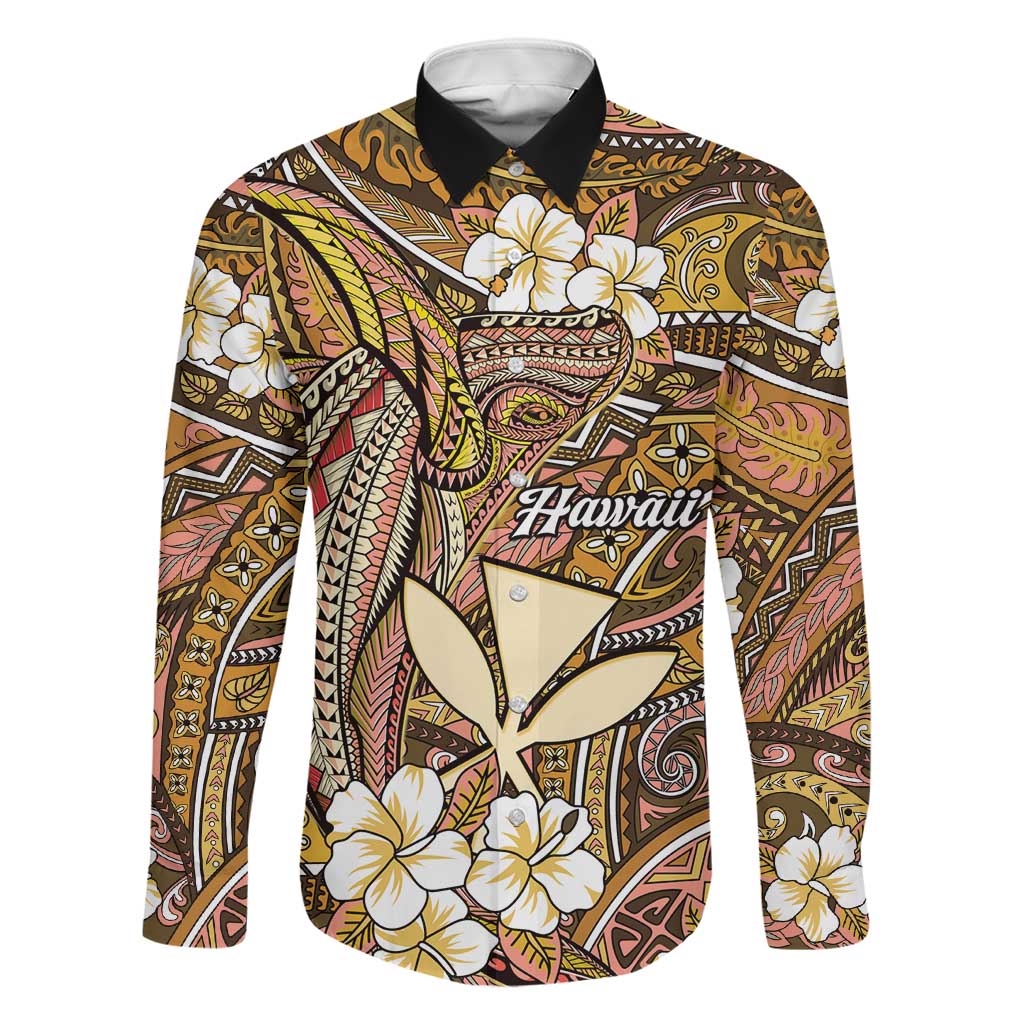 Personalised Hawaii Tribal Humpback Whale Family Matching Long Sleeve Bodycon Dress and Hawaiian Shirt Melemele Hibiscus Seamless Pattern LT9 Dad's Shirt - Long Sleeve Gold - Polynesian Pride