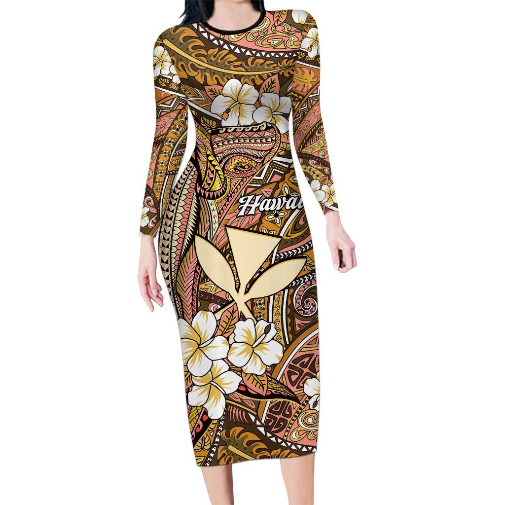 Personalised Hawaii Tribal Humpback Whale Family Matching Long Sleeve Bodycon Dress and Hawaiian Shirt Melemele Hibiscus Seamless Pattern LT9 Mom's Dress Gold - Polynesian Pride