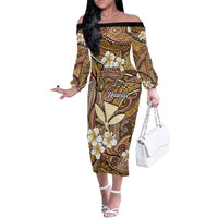Personalised Hawaii Tribal Humpback Whale Family Matching Off The Shoulder Long Sleeve Dress and Hawaiian Shirt Melemele Hibiscus Seamless Pattern LT9 Mom's Dress Gold - Polynesian Pride