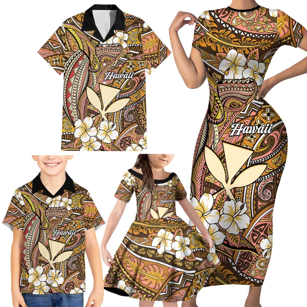 Personalised Hawaii Tribal Humpback Whale Family Matching Short Sleeve Bodycon Dress and Hawaiian Shirt Melemele Hibiscus Seamless Pattern LT9 - Polynesian Pride
