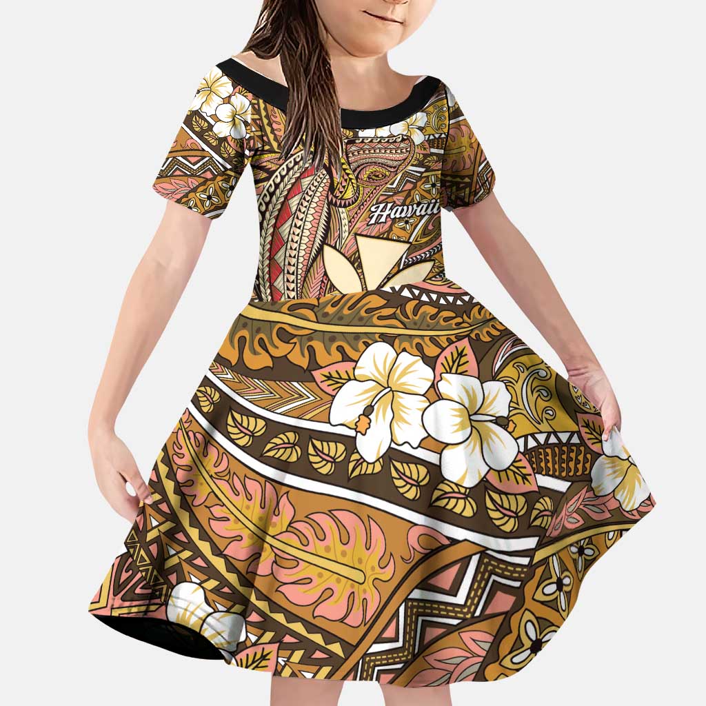 Personalised Hawaii Tribal Humpback Whale Family Matching Summer Maxi Dress and Hawaiian Shirt Melemele Hibiscus Seamless Pattern LT9 Daughter's Dress Gold - Polynesian Pride