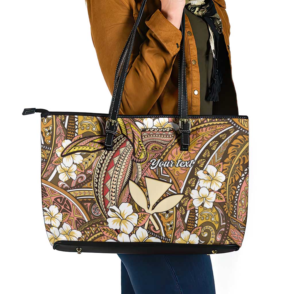 Personalised Hawaii Tribal Humpback Whale Leather Tote Bag Melemele Hibiscus Seamless Pattern