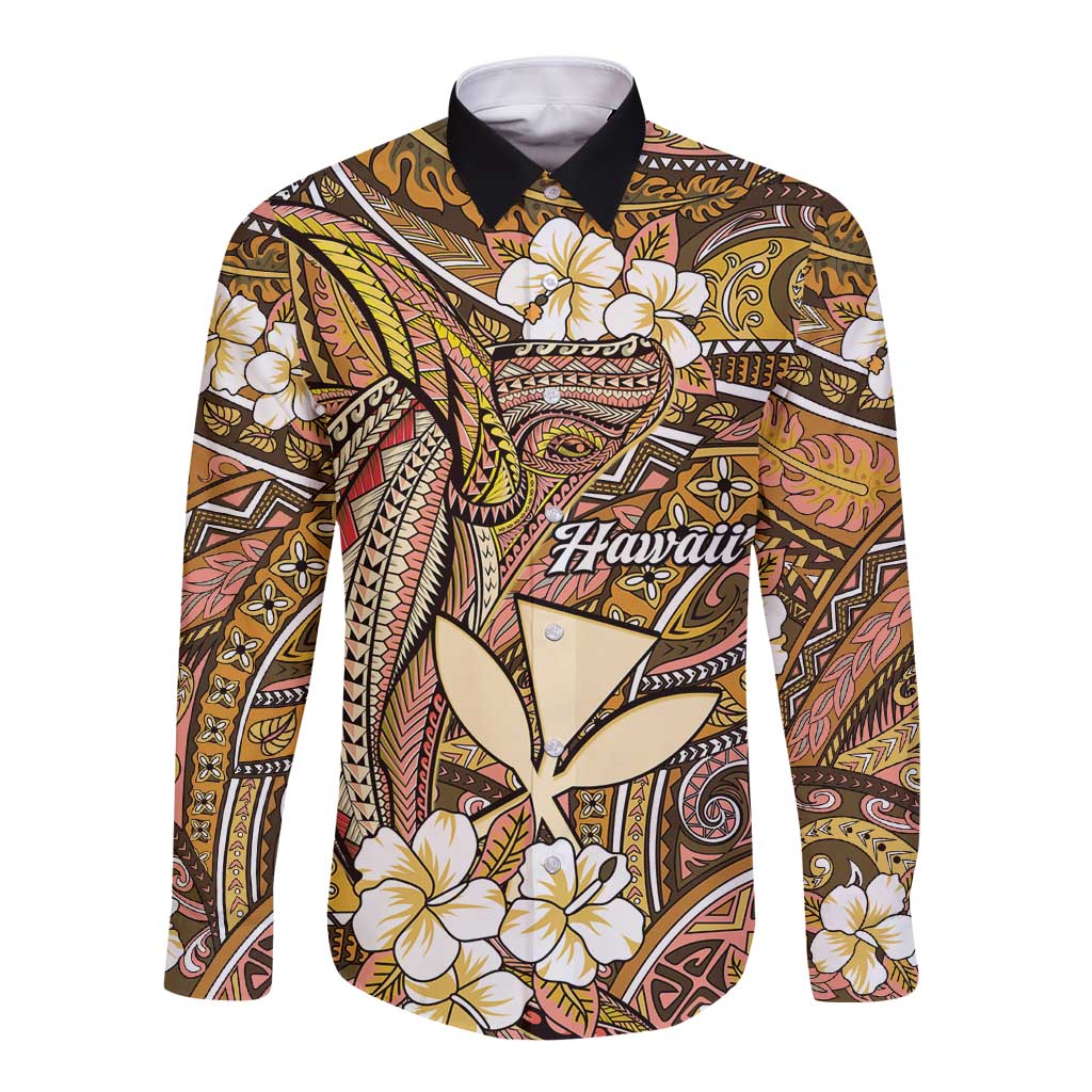 Personalised Hawaii Tribal Humpback Whale Long Sleeve Button Shirt Melemele Hibiscus Seamless Pattern
