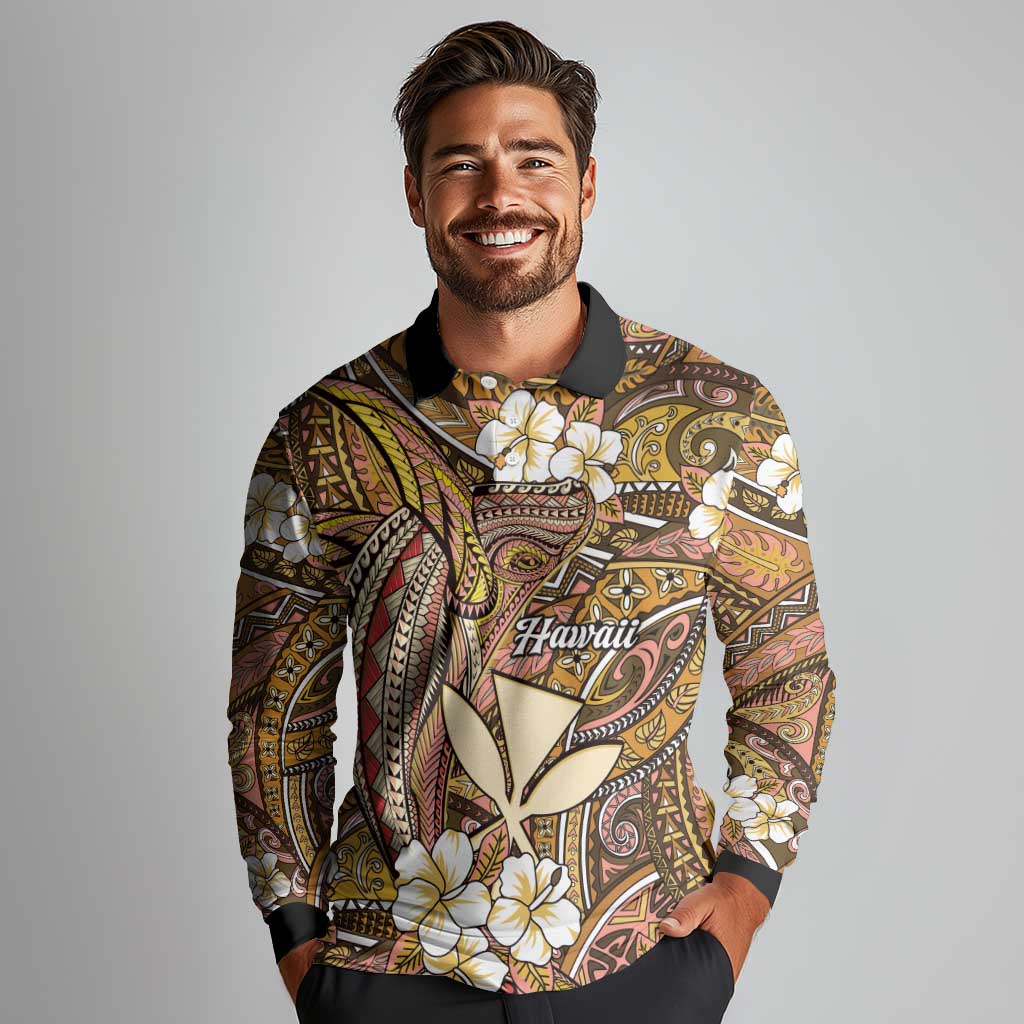 Personalised Hawaii Tribal Humpback Whale Long Sleeve Polo Shirt Melemele Hibiscus Seamless Pattern