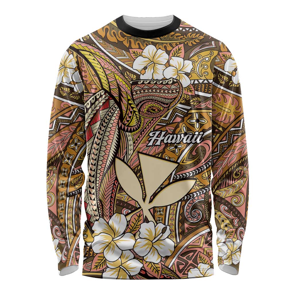Personalised Hawaii Tribal Humpback Whale Long Sleeve Shirt Melemele Hibiscus Seamless Pattern