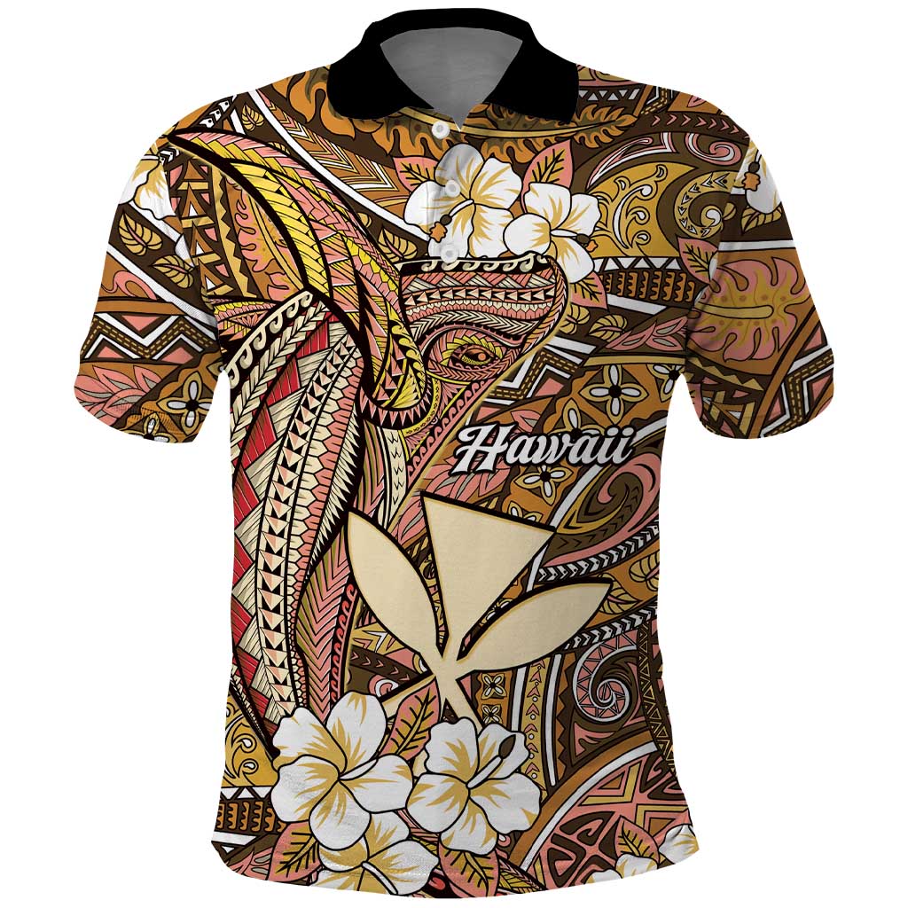 Personalised Hawaii Tribal Humpback Whale Polo Shirt Melemele Hibiscus Seamless Pattern