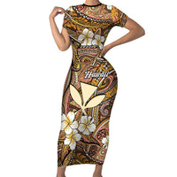 Personalised Hawaii Tribal Humpback Whale Short Sleeve Bodycon Dress Melemele Hibiscus Seamless Pattern