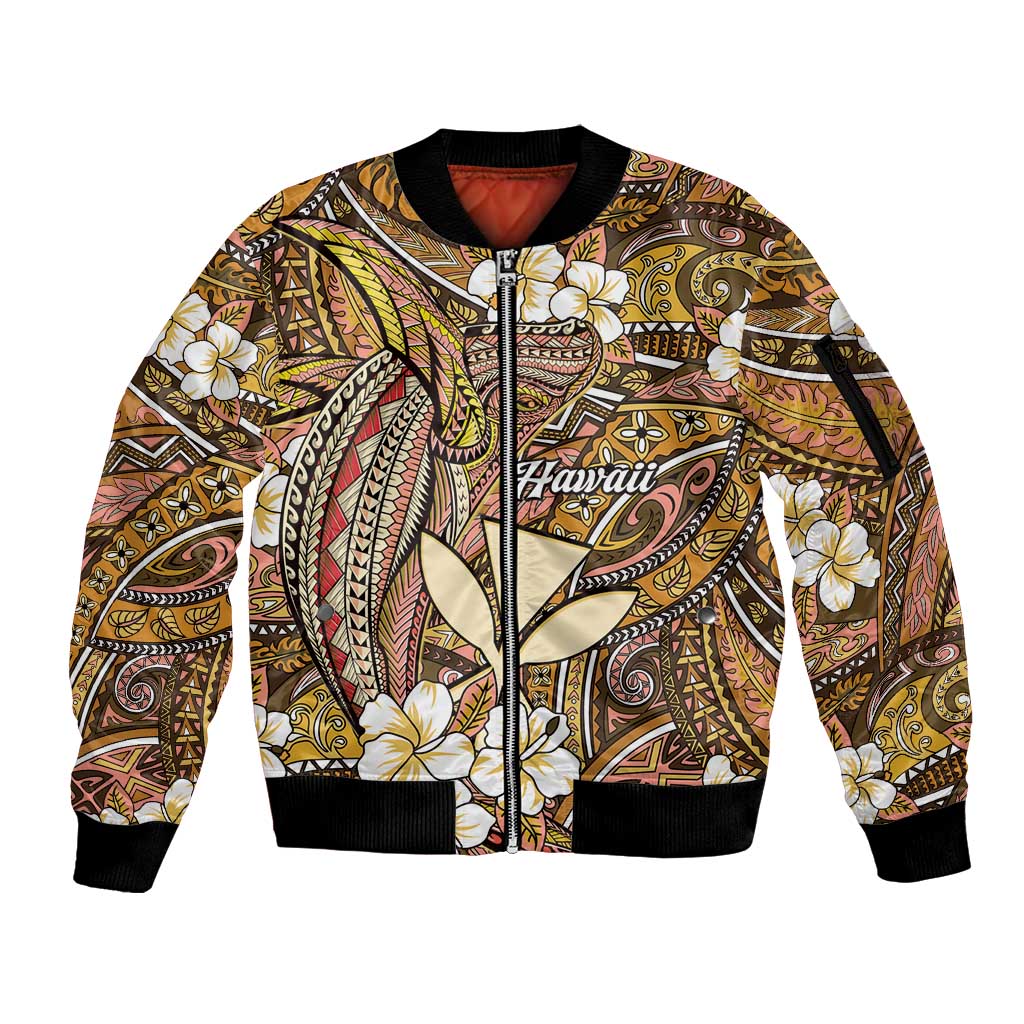 Personalised Hawaii Tribal Humpback Whale Sleeve Zip Bomber Jacket Melemele Hibiscus Seamless Pattern
