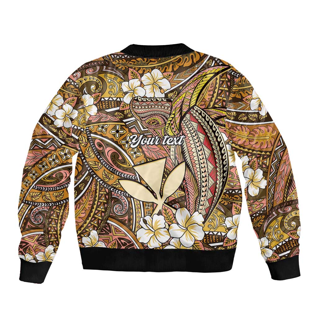 Personalised Hawaii Tribal Humpback Whale Sleeve Zip Bomber Jacket Melemele Hibiscus Seamless Pattern