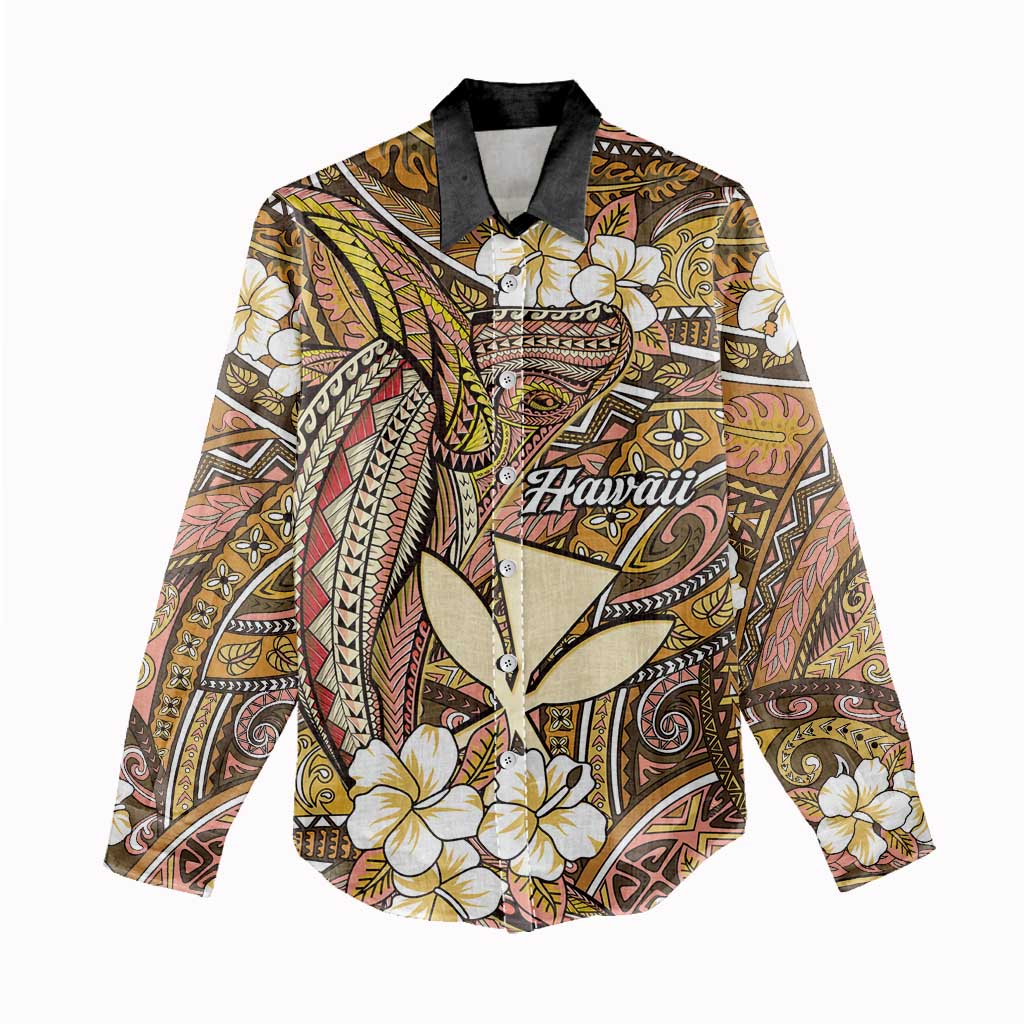 Personalised Hawaii Tribal Humpback Whale Women Casual Shirt Melemele Hibiscus Seamless Pattern