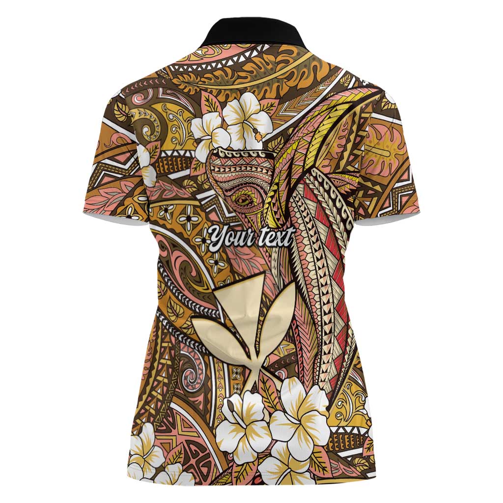 Personalised Hawaii Tribal Humpback Whale Women Polo Shirt Melemele Hibiscus Seamless Pattern