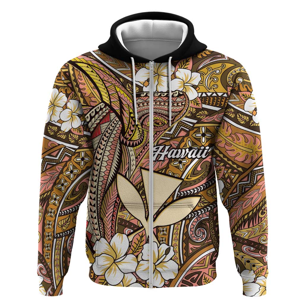 Personalised Hawaii Tribal Humpback Whale Zip Hoodie Melemele Hibiscus Seamless Pattern